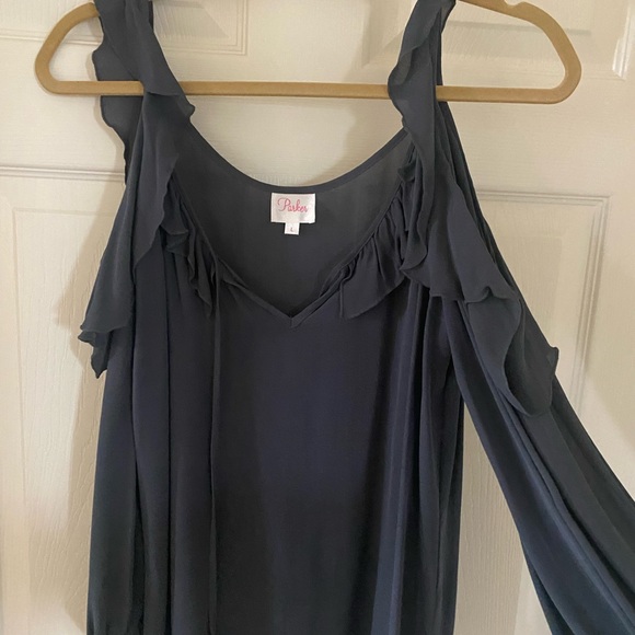 Parker Dark Gray Sheer Blouse Cold Shoulder Flutter Sleeve Size Large - Picture 2 of 5